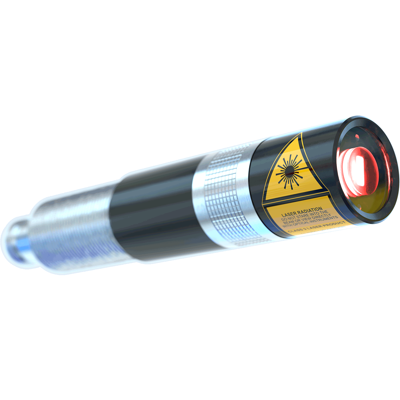 ZM18 Positionierlaser seitliche Ansicht, Linse sichtbar, mit Etiketten