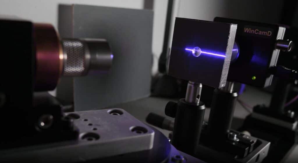 Laser classification measurement setup. A laser line is guided through optics.