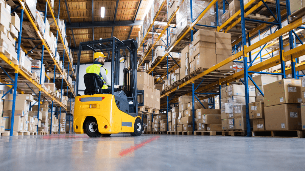 Forklift in a high-bay warehouse with a red laser line marking the travel path as a visual safety line in warehouse operations