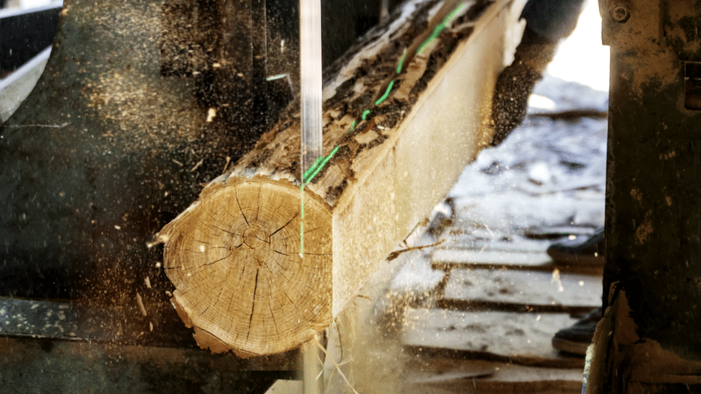 Baumstamm wird in einer Sägeanlage zugeschnitten; ein grüner Linienlaser markiert die Schnittlinie, Sägespäne fliegen.