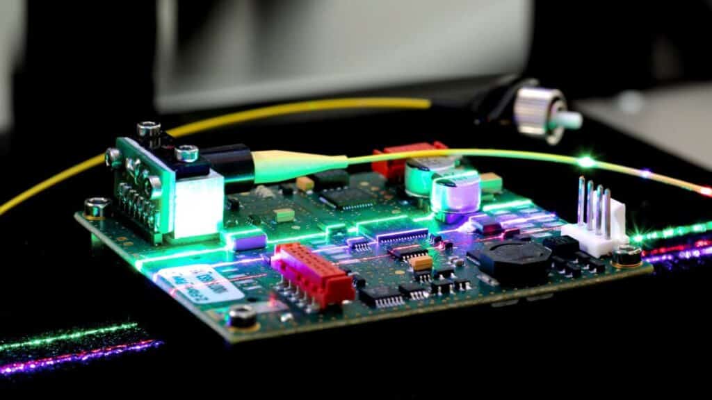 Laser-based 3D inspection of a printed circuit board using a green laser line to inspect components and surfaces.